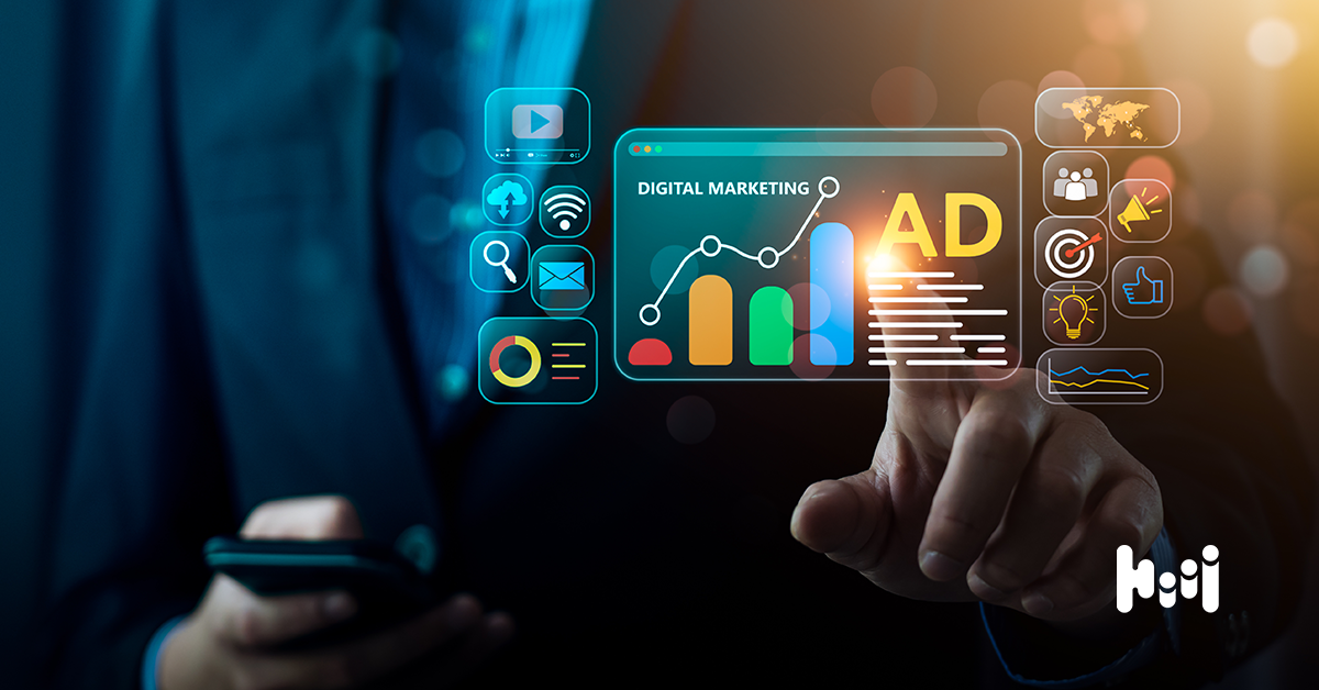 Digital marketing professional interacting with virtual advertising display showing charts and social media icons for Diploma in Marketing at Sipway International Campus